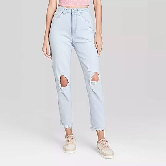 Wild Fable Highest Mom Jean Destroyed Light Wash Sz 12 - Picture 1 of 10